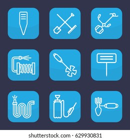 Hose icon. set of 9 outline hose icons such as shovel and rake
