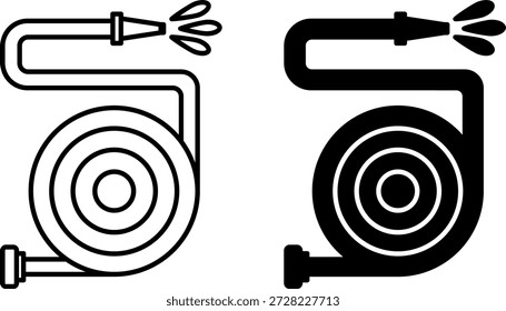 Hose Icons. Black and White Vector Illustrations. Fire Hose for Water or Foam Delivery. Fire Extinguishing. Firefighter Concept

