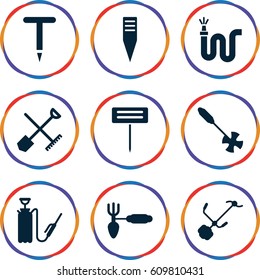 Hose icons set. set of 9 hose filled icons such as shovel and rake