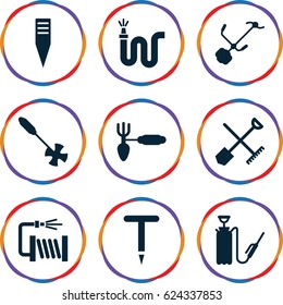 Hose icons set. set of 9 hose filled icons such as shovel and rake