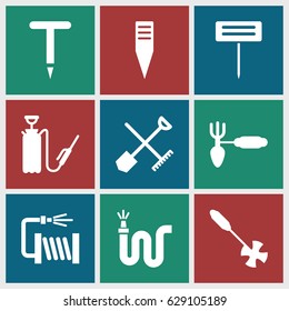 Hose icons set. set of 9 hose filled icons such as shovel and rake