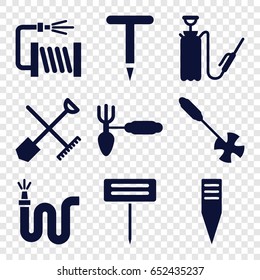 Hose icons set. set of 9 hose filled icons such as shovel and rake