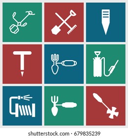 Hose icons set. set of 9 hose filled and outline icons such as shovel and rake