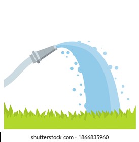 Hose. Jet of water. Fire fighting and watering of the lawn. Grey tube. Green lawn and grass. Flat cartoon illustration