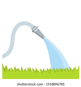 Hose. Jet of water. Fire fighting and watering of the lawn. Grey tube. Green lawn and grass. Flat cartoon illustration