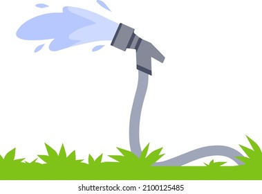 Hose. Jet of water. Grey tube. Green lawn and grass. Flat cartoon illustration. Fire fighting and watering of lawn