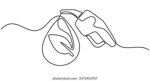 Hose nozzle with leaf icon symbol of eco bio diesel biofuel continuous one line drawing, Green Fuel handle pump nozzle and hose with green leaves, Bio diesel biofuel car leaf drop nozzle hose symbol