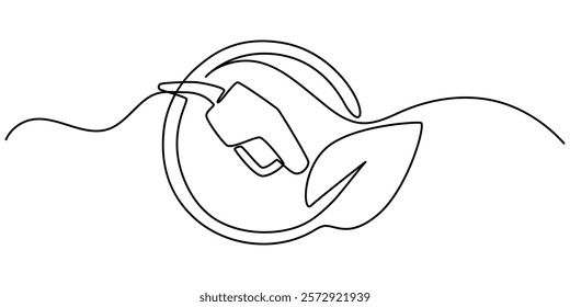 Hose nozzle with leaf icon symbol of eco bio diesel biofuel continuous one line drawing, Green Fuel handle pump nozzle and hose with green leaves, Bio diesel biofuel car leaf drop nozzle hose symbol