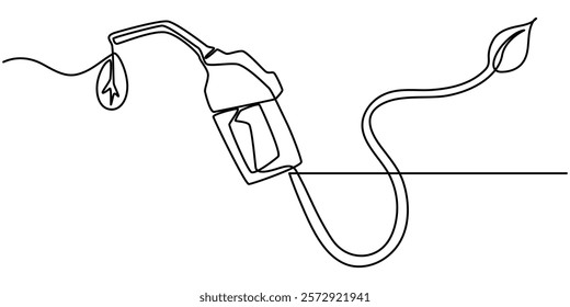 Hose nozzle with leaf icon symbol of eco bio diesel biofuel continuous one line drawing, Green Fuel handle pump nozzle and hose with green leaves, Bio diesel biofuel car leaf drop nozzle hose symbol