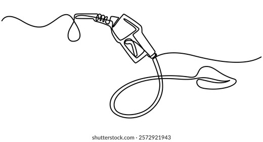 Hose nozzle with leaf icon symbol of eco bio diesel biofuel continuous one line drawing, Green Fuel handle pump nozzle and hose with green leaves, Bio diesel biofuel car leaf drop nozzle hose symbol