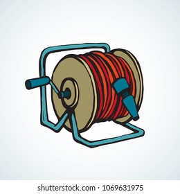 Hose on spool. Bright red color line hand drawn firehose logo sketchy in art retro doodle cartoon style pen on paper