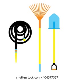 Hose, shovel, rake. Garden tools icon. Hose, shovel, rake Flat design. Garden tools vector illustration. Hose, shovel, rake tools. 