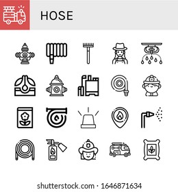 Hose Simple Icons Set. Contains Such Icons As Fire Truck, Hydrant, Water Hose, Rake, Gardener, Sprinkler, Seed, Fire Hydrant, Pesticide, Fire Hose, Can Be Used For Web, Mobile And Logo