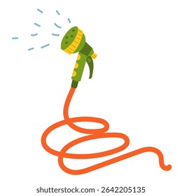 hose with sprinkler is watering. Flat color illustration. Taking care green plants. It is suitable for packaging design, advertising, articles about gardening, farming, healthy eating, watering plants