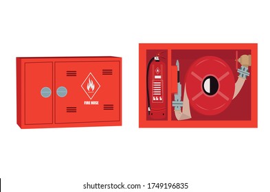 Fıre Hose.fire extinguisher.Rescue firefighter equipment, fire line in red box.Fire hose reel in the public building area.Fire fighting and safety concept.
