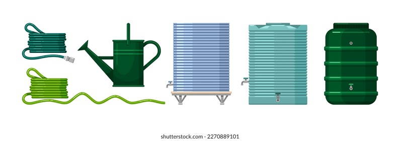 Hoses, tanks and barrel for rain water storage in garden. Big metal and plastic reservoirs with taps, watering can and rubber pipes for irrigate plants, vector cartoon set isolated on white background