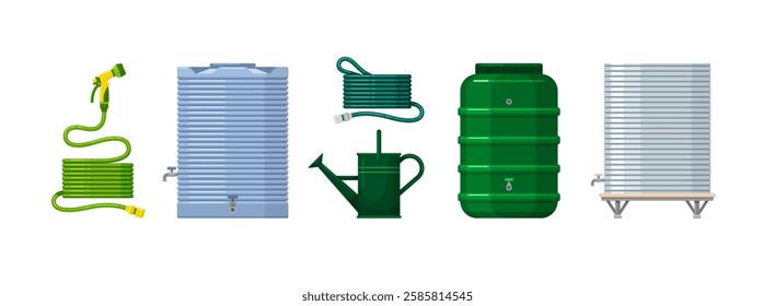 Hoses, tanks and barrel for rain water storage in garden. Big metal and plastic reservoirs with taps, watering can and rubber pipes for irrigate plants, vector cartoon set isolated on white background