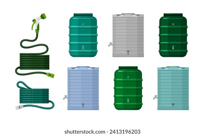 Hoses, tanks and barrels for rain water storage in garden. Big metal and plastic reservoirs with taps and green rubber pipes for irrigate plants, vector flat cartoon set isolated on white background