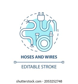 Hoses and wires blue concept icon. Waste collection and disposal abstract idea thin line illustration. Garden hose and electric wire recycle. Vector isolated outline color drawing. Editable stroke