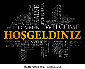 Hosgeldiniz (Welcome in Turkish) word cloud in different languages, conceptual background