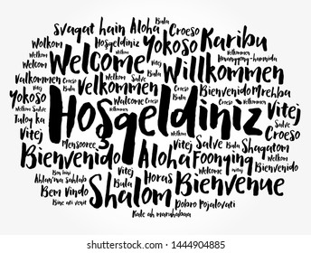 Hosgeldiniz (Welcome in Turkish) word cloud in different languages, conceptual background