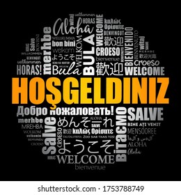Hosgeldiniz (Welcome in Turkish) word cloud in different languages, conceptual background