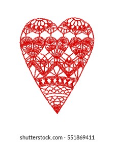 Hosiery heart, crafts embroidery, knitted items with ethnic ornament, lace heart for Valentine, made with love
