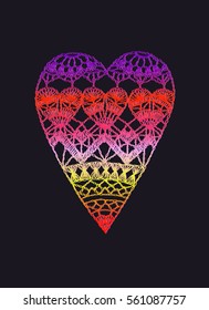 Hosiery heart, crafts embroidery, knitted items with ethnic ornament, lace heart for Valentine, made with love