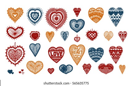 Hosiery heart, crafts embroidery, knitted items with ethnic ornament, lace heart for Valentine, made with love