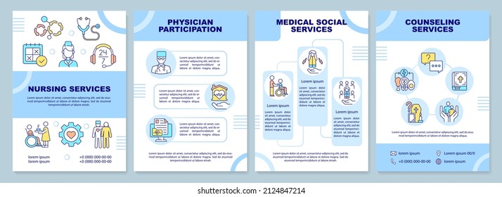 Hospice care includes blue brochure template. Patient support. Leaflet design with linear icons. 4 vector layouts for presentation, annual reports. Arial-Black, Myriad Pro-Regular fonts used