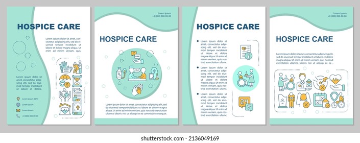 Hospice care mint brochure template. Medicine and caregiving. Leaflet design with linear icons. 4 vector layouts for presentation, annual reports. Arial, Myriad Pro-Regular fonts used