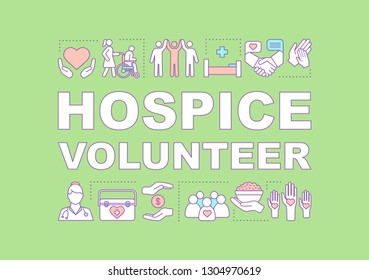 Hospice, hospital volunteer word concepts banner. Nursing. Presentation, website. Medical assistance. Isolated lettering typography idea with linear icons. Vector outline illustration