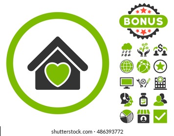 Hospice icon with bonus pictures. Vector illustration style is flat iconic bicolor symbols, eco green and gray colors, white background.