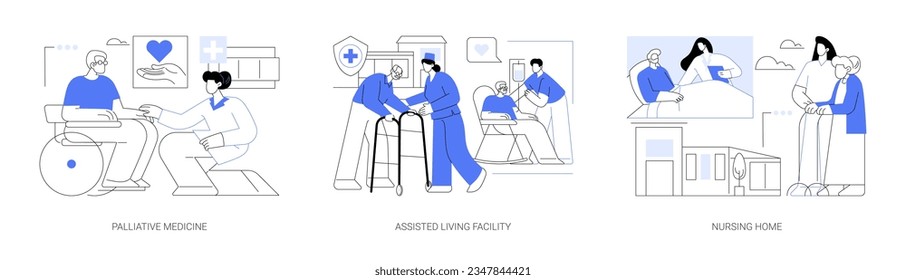 Hospice and palliative medicine abstract concept vector illustration set. Palliative medicine, assisted living facility, nursing home, people with disability, personal care abstract metaphor.