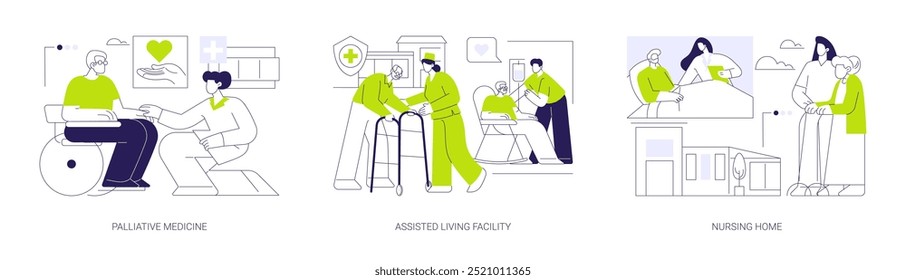 Conjunto de Ilustración vectorial de concepto abstracto de medicina paliativa y hospicio. Medicina paliativa, centro de vida asistida, hogar de ancianos, personas con discapacidad, metáfora abstracta de cuidado personal.