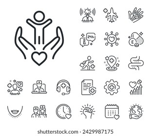 Hospice service sign. Online doctor, patient and medicine outline icons. Volunteer care line icon. Health insurance symbol. Volunteer line sign. Veins, nerves and cosmetic procedure icon. Vector