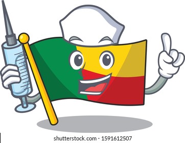 Hospitable Cute Nurse flag benin Scroll cartoon style holding syringe