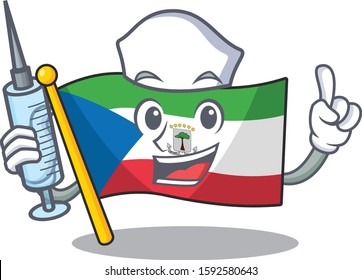 Hospitable Cute Nurse flag equatorial guinea Scroll cartoon style holding syringe