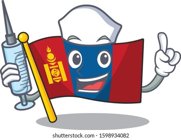 Hospitable Cute Nurse flag mongolia Scroll cartoon style holding syringe