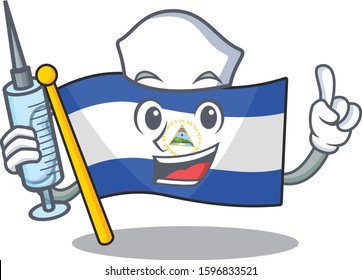 Hospitable Cute Nurse flag nicaragua Scroll cartoon style holding syringe
