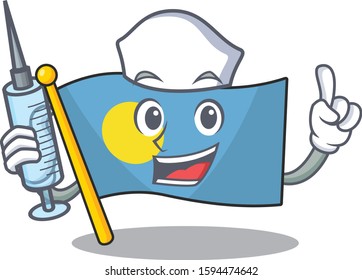 Hospitable Cute Nurse flag palau Scroll cartoon style holding syringe