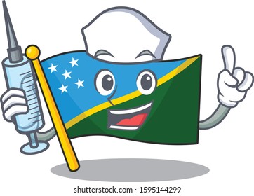 Hospitable Cute Nurse flag solomon island Scroll cartoon style holding syringe