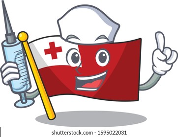 Hospitable Cute Nurse flag tonga Scroll cartoon style holding syringe