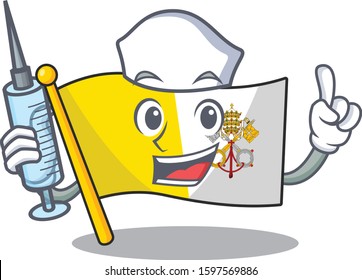 Hospitable Cute Nurse flag vatican city Scroll cartoon style holding syringe