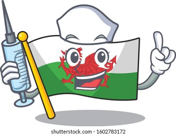 Hospitable Cute Nurse flag wales Scroll cartoon style holding syringe