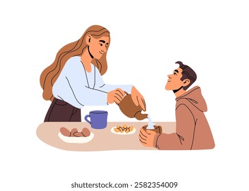 Hospitable girl treats person a coffee. Housewife cares about guest, pours tea into cup from teapot. Couple has a breakfast at the table together. Flat isolated vector illustration on white background