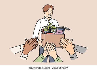 Hospitable team greets new employee entering office with box to thunderous applause. Friendly team of people claps manager after dismissal, thanking for excellent teamwork experience