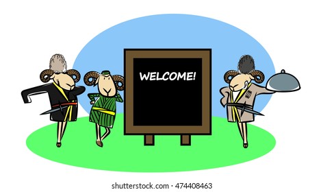 hospitable three sheep in traditional costumes near blackboard