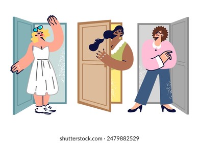 Hospitable women come out of different doors into apartments and greet friends, rejoicing at long-awaited meeting. Multinational friendship between girls saying goodbye and going home or apartments