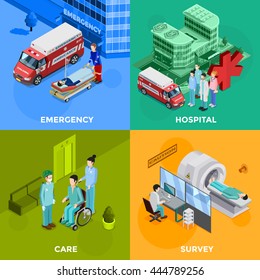 Hospital 2x2 design concept set of emergency help equipment for survey and medical healthcare staff decorative icons flat vector illustration    